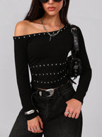 Damen nan asymmetrisches schulterfreies Langarmshirt mit Nietenbesatz und tailliertem Schnitt R&B