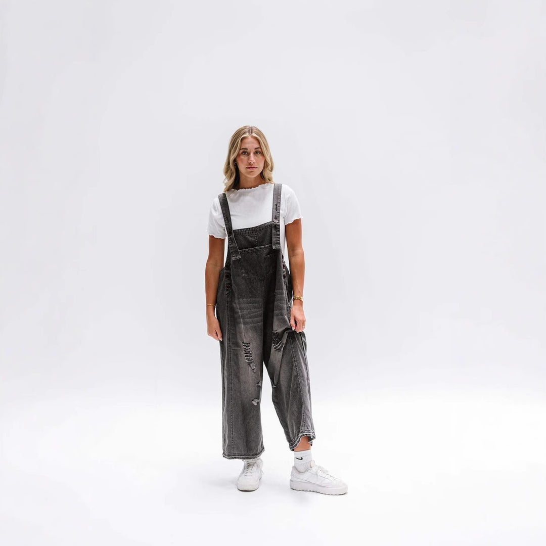 Damen lässige Denim-Latzhose mit trendigen Destroyed-Details R&B