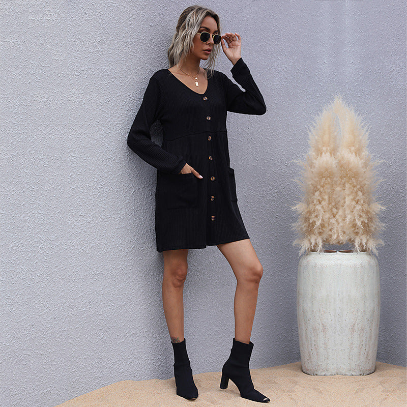 Damen Strickkleid mit durchgehendem Knopfverschluss und praktischen Taschen R&B