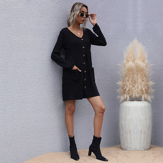 Damen Strickkleid mit durchgehendem Knopfverschluss und praktischen Taschen R&B