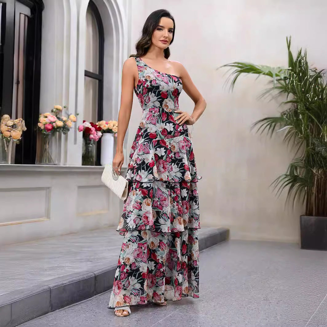Damen Elegantes One-Shoulder Maxikleid mit floralem Muster und hohem Schlitz R&B