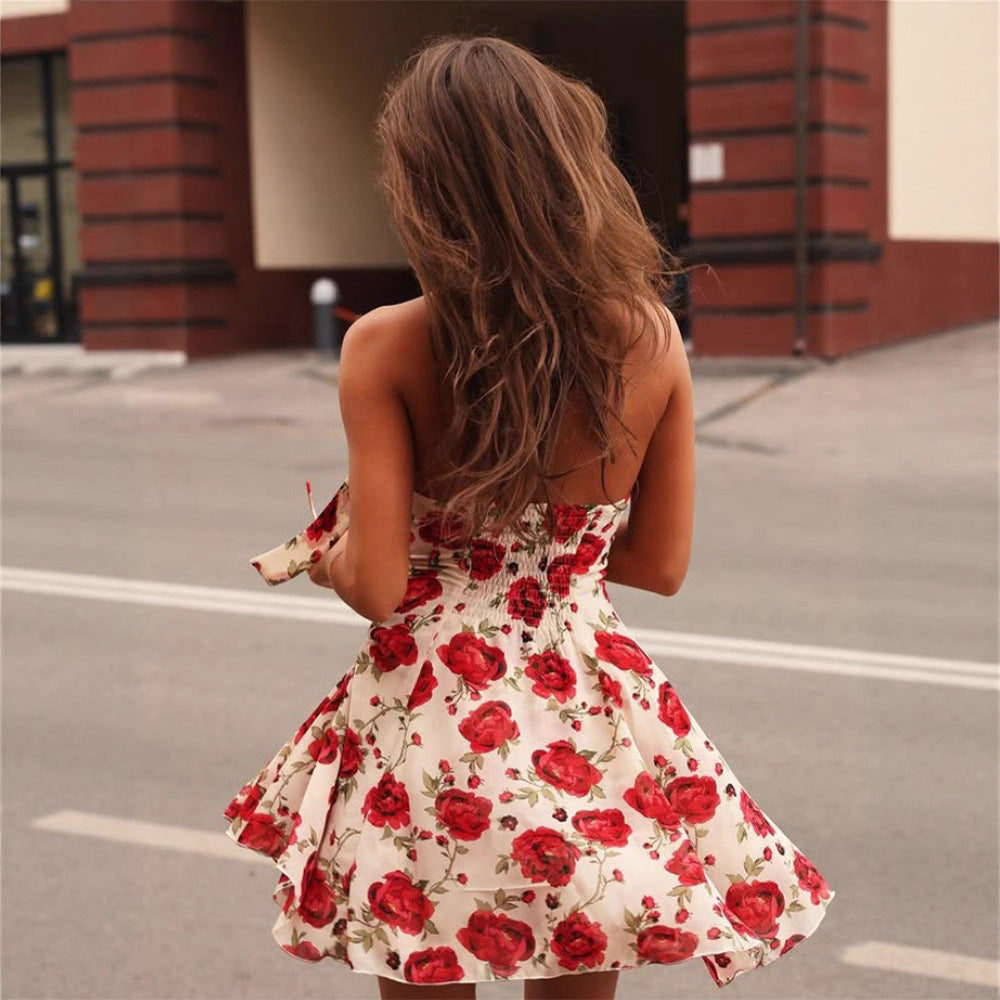 Damen romantisches Sommerkleid mit floralem Design und Choker R&B