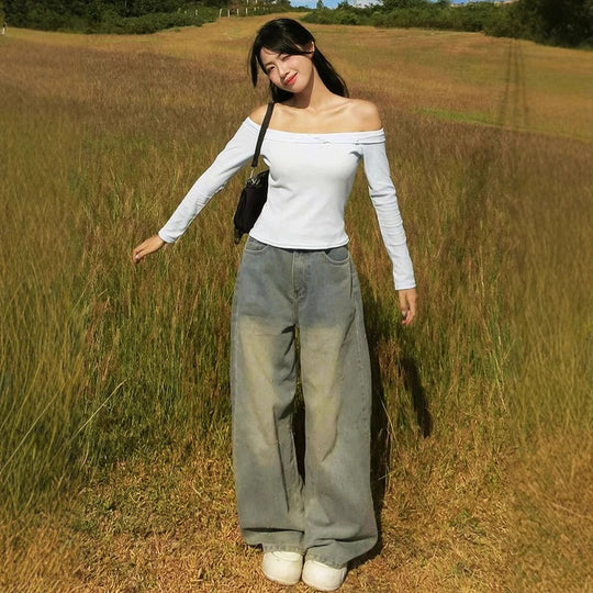 Damen Off-Shoulder Langarmoberteil mit zartem Rüschenbesatz R&B