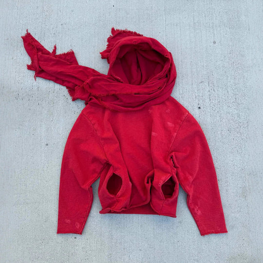 Unisex nan Kapuzenpullover im Gebrauchsspurenstil mit angeschlossenem Schlauchschal und ausgefransten Öffnungen R&B