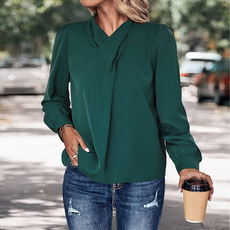 Damen elegantes Blusenshirt mit voluminösen Ärmeln und feinem Stehkragen R&B