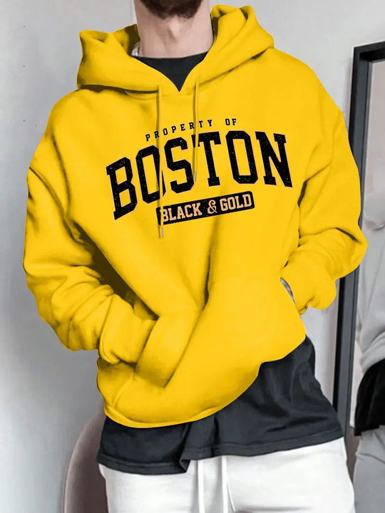 Herren Kapuzensweater mit auffälligem Boston-Print und weicher Innenseite R&B