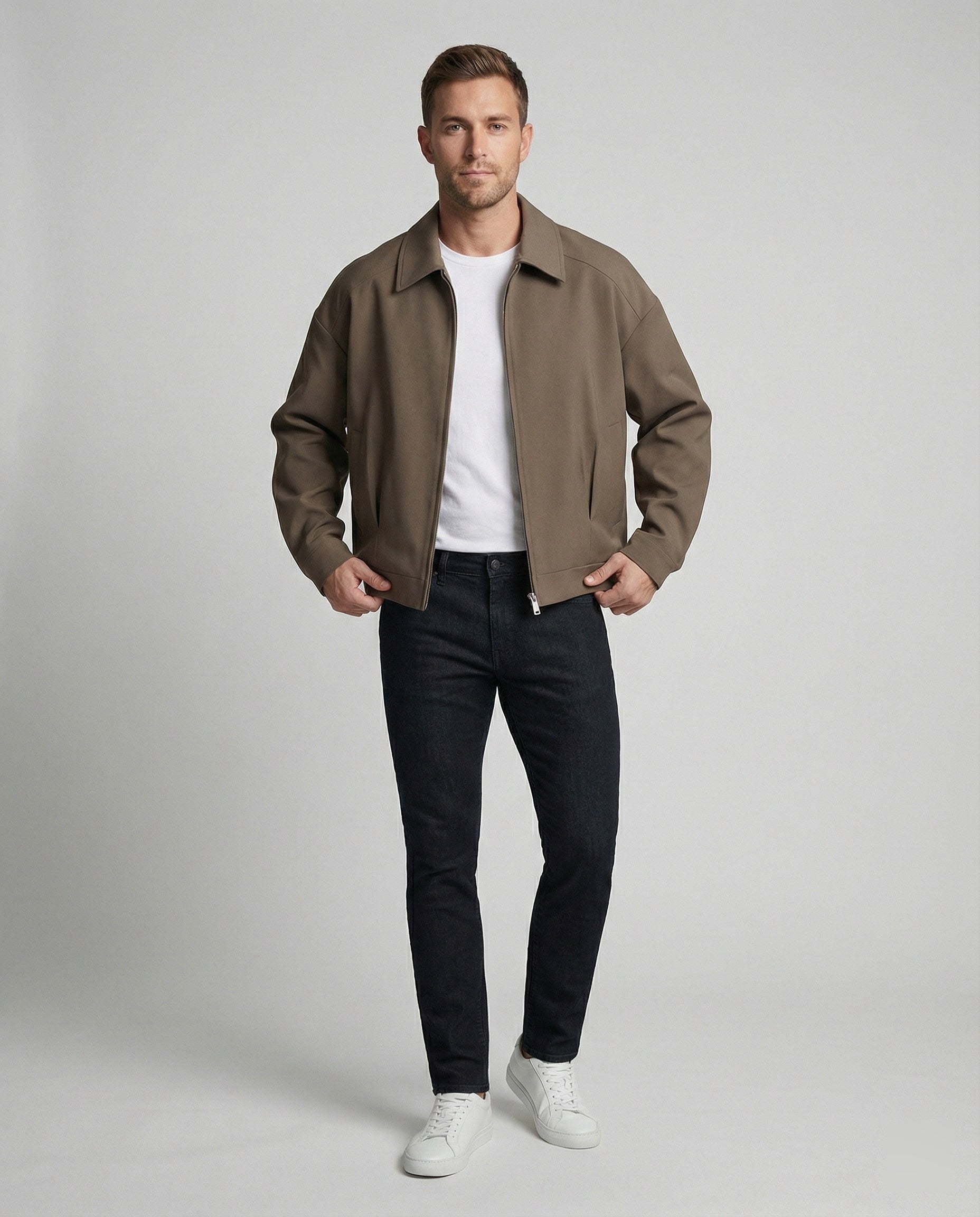 Herren minimalistische Bomberjacke mit Stehkragen, verdecktem Reißverschluss und elastischem Saum R&B