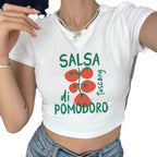 Damen Crop-Top mit kreativem Tomatenmotiv und witzigem Schriftzug R&B