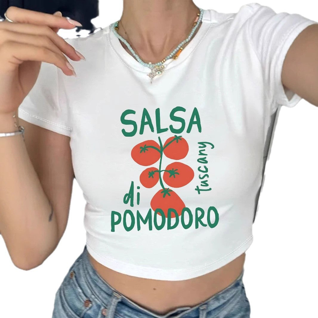 Damen Crop-Top mit kreativem Tomatenmotiv und witzigem Schriftzug R&B