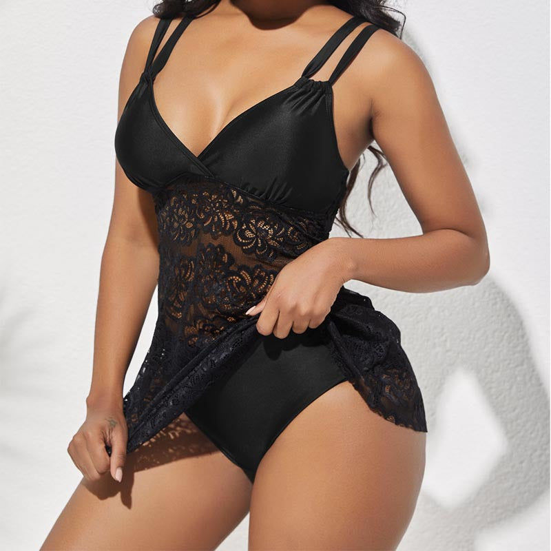 Damen Badeanzug mit eleganter Spitzenoptik und verstellbaren Trägern R&B