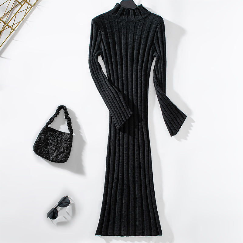 Damen elegantes Strickkleid mit hohem Kragen und Rippenstruktur R&B