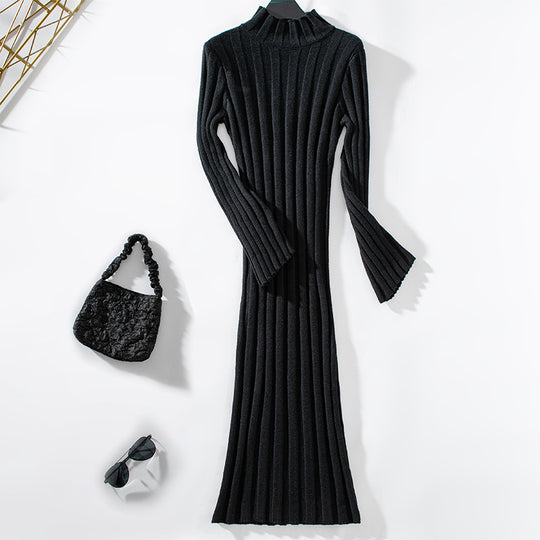Damen elegantes Strickkleid mit hohem Kragen und Rippenstruktur R&B