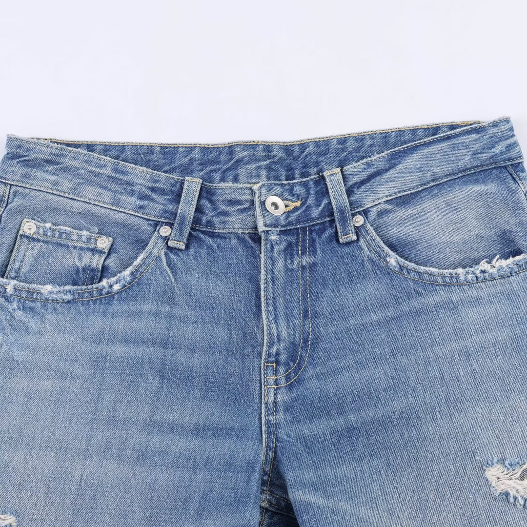 Damen Flared Jeans mit Destroyed-Effekten und Fransenabschlüssen R&B