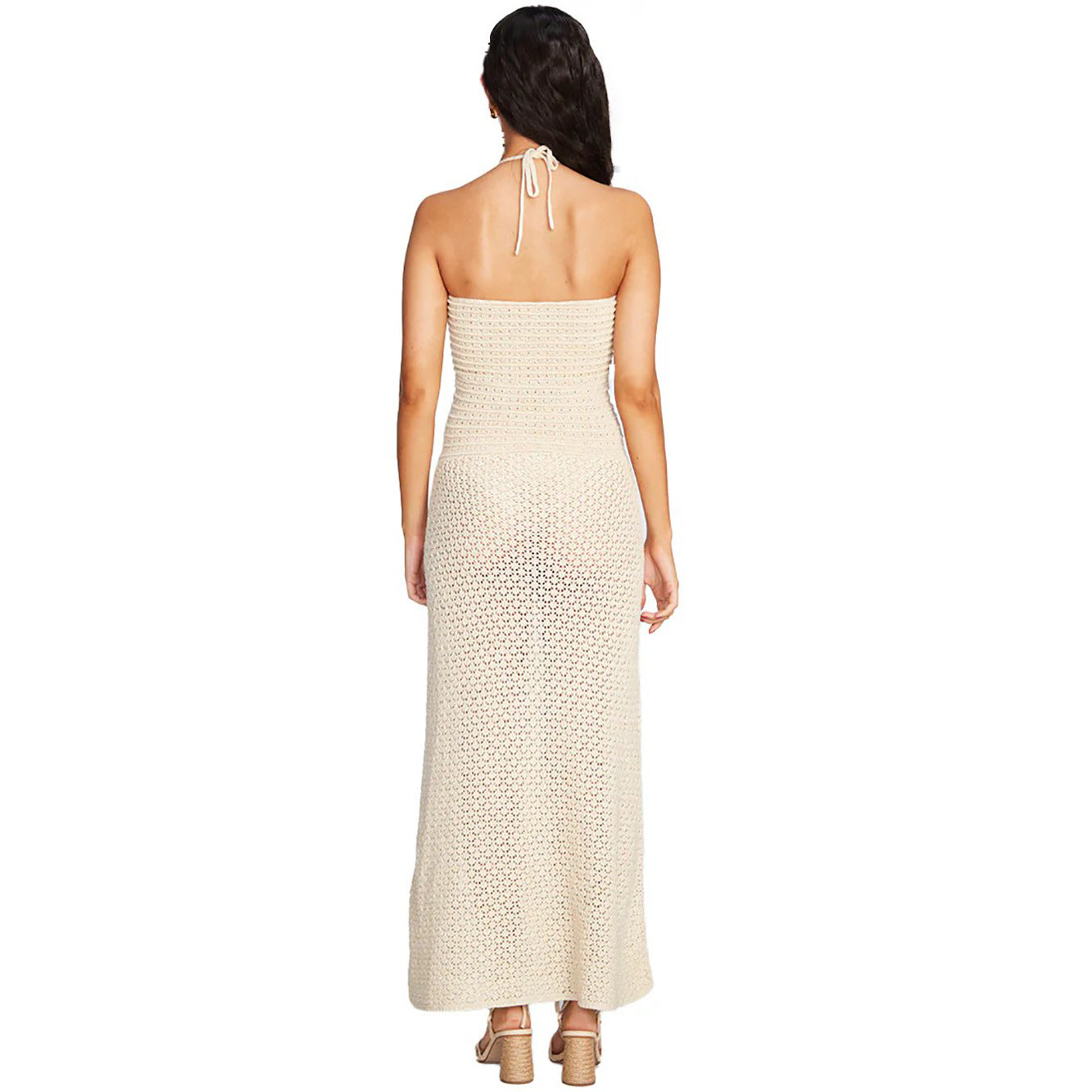 Damen gehäkeltes Maxikleid mit tiefem V-Ausschnitt und seitlichem Cut-Out R&B