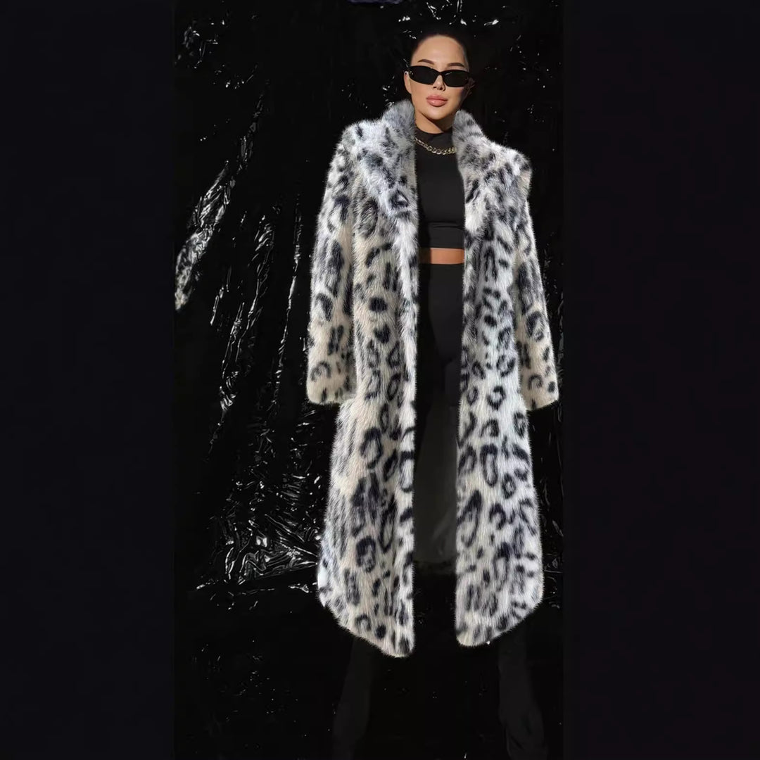 Damen Luxuriöser Kunstpelzmantel mit Leopardenmuster R&B