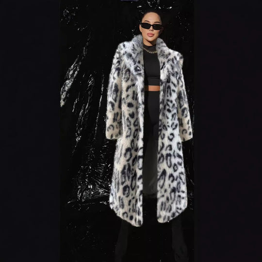 Damen Luxuriöser Kunstpelzmantel mit Leopardenmuster R&B