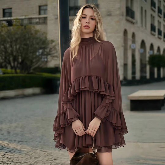Damen Elegantes Rüschendress mit hochgeschlossenem Ausschnitt und fließendem Schnitt R&B