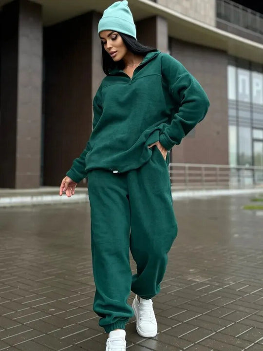 Damen Kuscheliges Fleece-Loungewear-Set mit Halb-Reißverschluss und elastischem Bund R&B