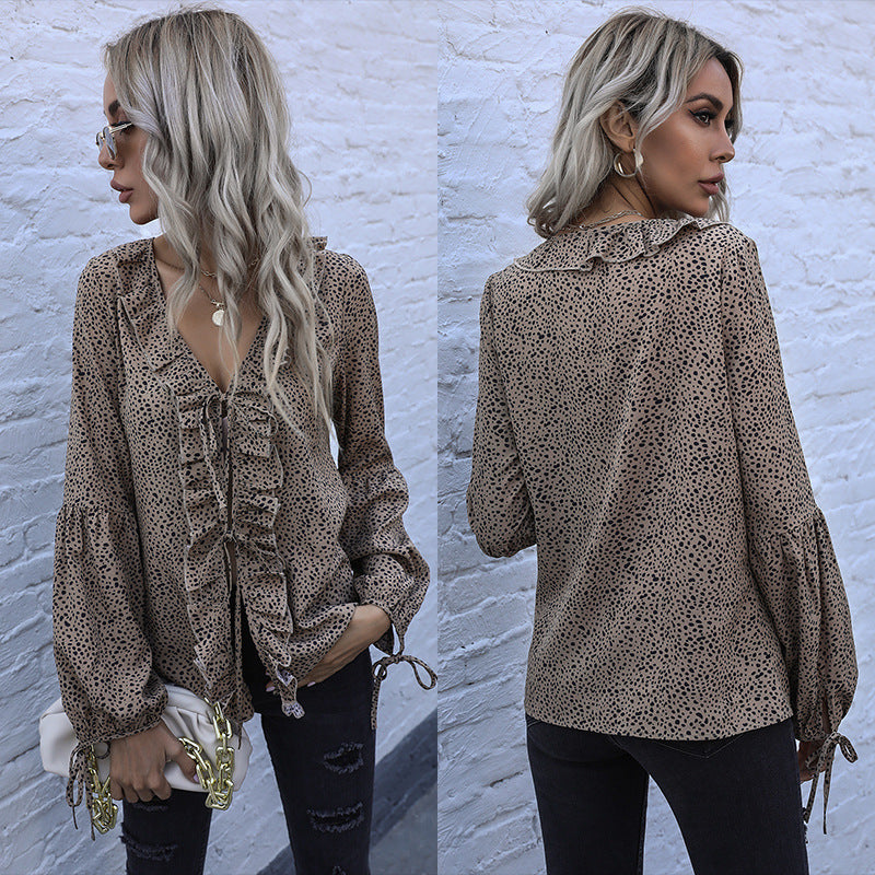Damen elegantes Blusenshirt mit Rüschendetails und V-Ausschnitt R&B