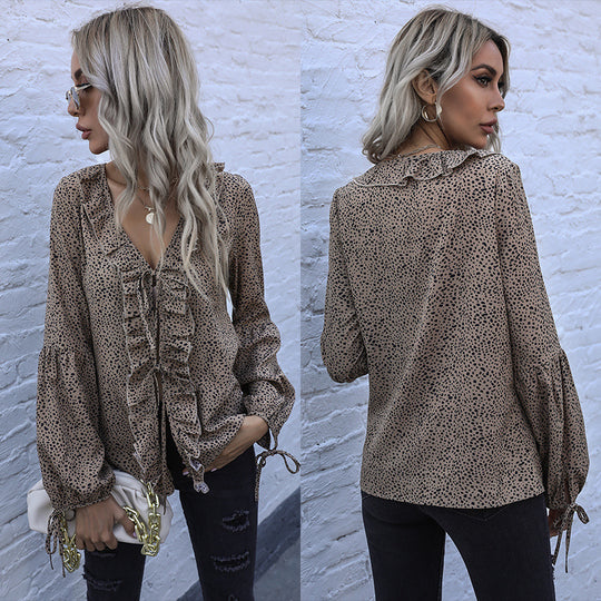 Damen elegantes Blusenshirt mit Rüschendetails und V-Ausschnitt R&B