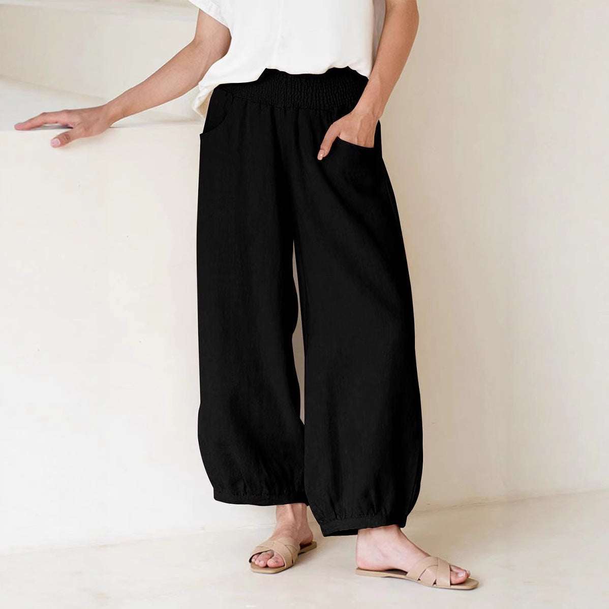 Damen weite Hose mit elastischem Bund und praktischen Seitentaschen R&B