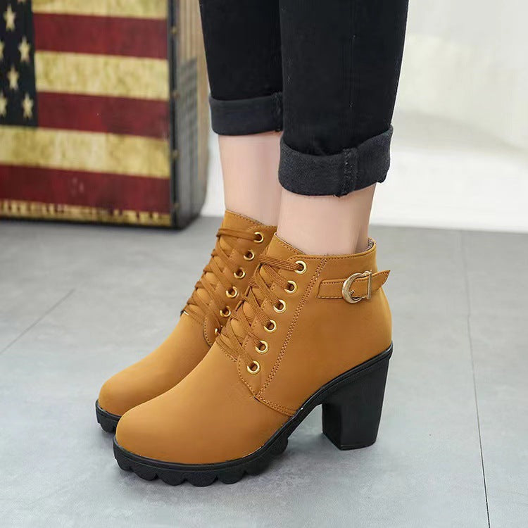 Damen Modische Stiefeletten mit trendigem Schnürung und stabilen Blockabsatz R&B