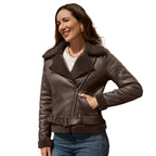Damen nan taillierte Lammfellimitat-Fliegerjacke mit Gürtel und Teddyfutter R&B