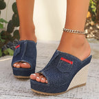Damen Wedge-Pantoletten mit Denim-Obermaterial und raffiniertem Keilabsatz R&B