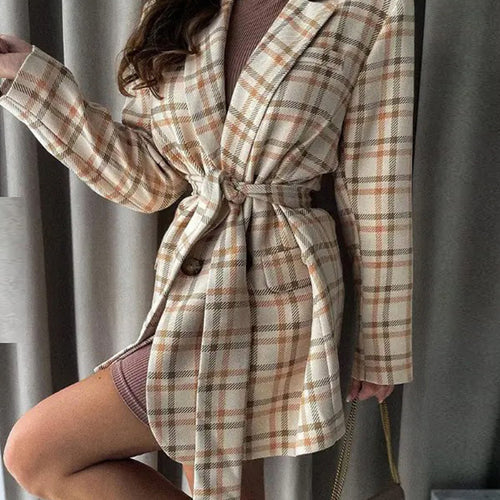 Damen Eleganter Karo-Bademantel mit Gürtel und Taschen R&B