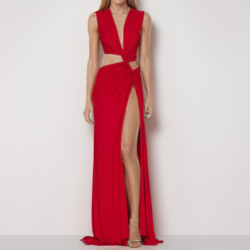 Damen Elegantes Cut-Out Maxikleid mit raffinierten Drapierungen und hohem Schlitz R&B
