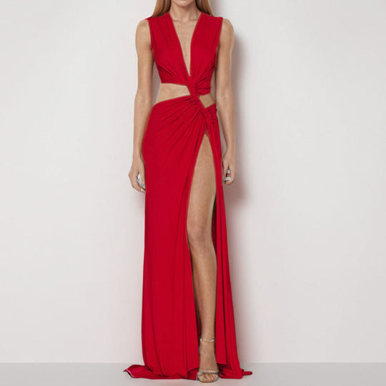 Damen Elegantes Cut-Out Maxikleid mit raffinierten Drapierungen und hohem Schlitz R&B