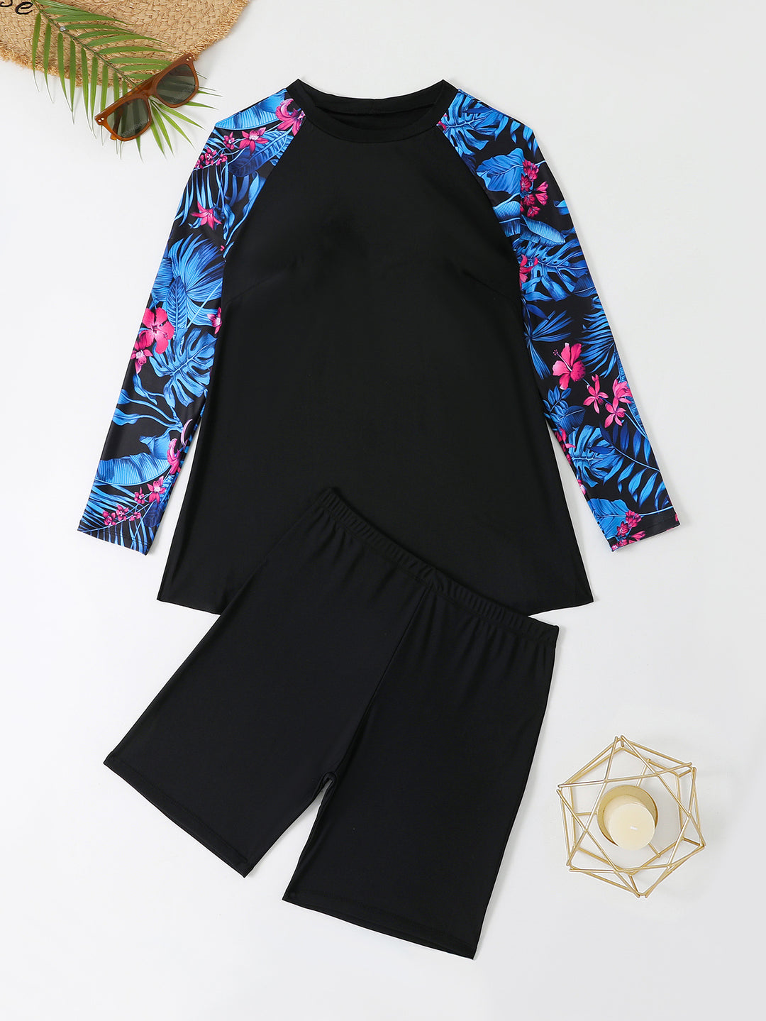 Damen UV-Schutz Surfanzug Set mit langen Ärmeln und farbenfrohem Blattmuster R&B