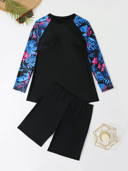 Damen UV-Schutz Surfanzug Set mit langen Ärmeln und farbenfrohem Blattmuster R&B