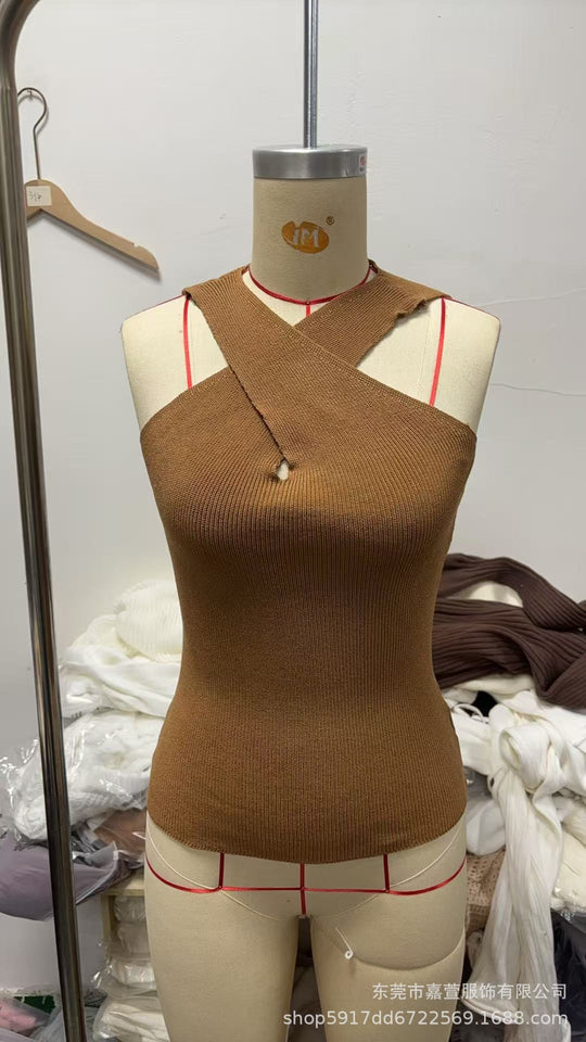 Damen Elegantes Stricktop mit gekreuztem Design und V-Ausschnitt R&B
