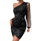 Damen Minikleid mit asymmetrischem Ausschnitt und transparenten Puffärmeln R&B