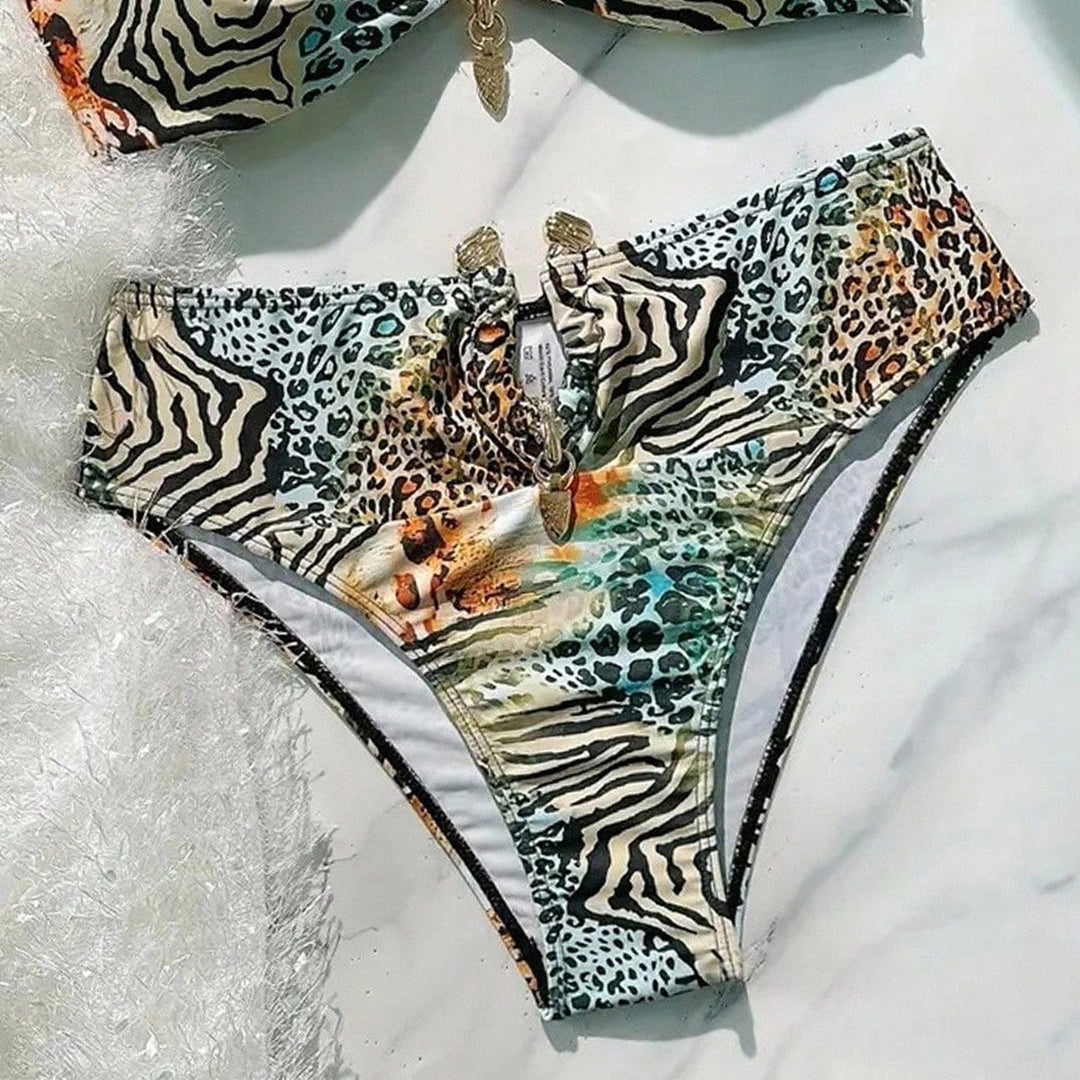 Damen Bandeau-Bikini mit animalischem Muster und dekorativem Verschluss R&B