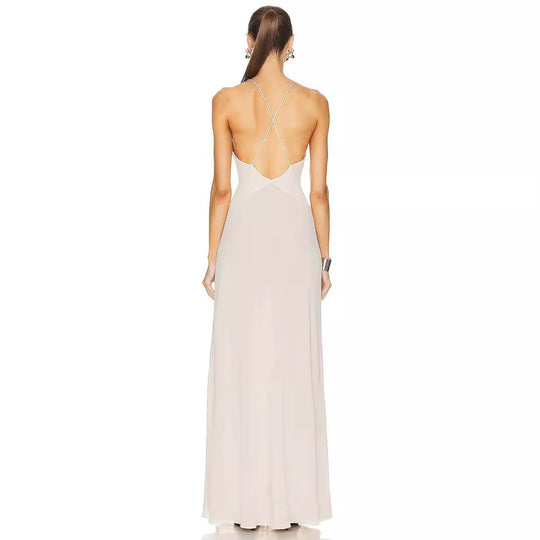 Damen Elegantes Maxikleid mit tiefer V-Ausschnitt und dekorativer Blüte R&B