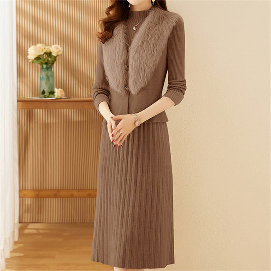 Damen elegantes Strickset mit hochwertigem Fellkragen und modischer Rippstruktur R&B