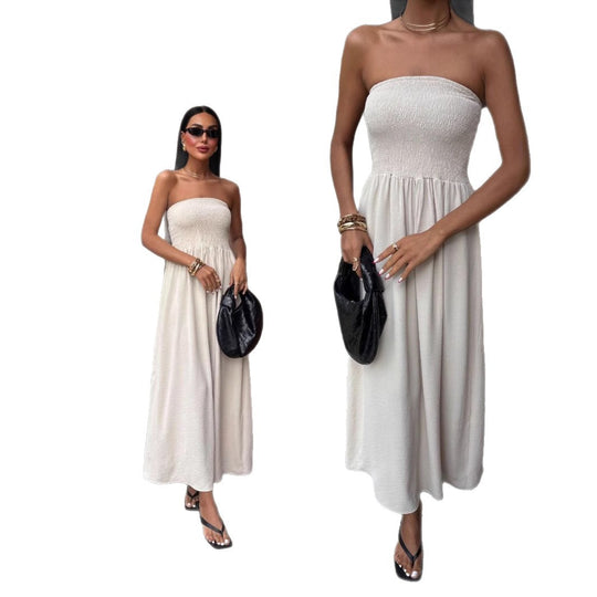 Damen elegantes Maxikleid mit schulterfreiem Design und elastischem Tailleneinsatz R&B