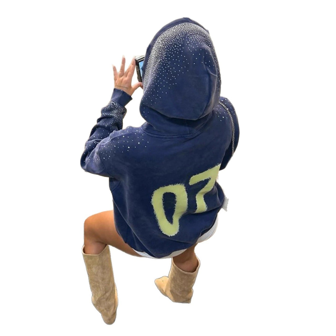 Damen nan übergroßer Kapuzenpullover aus Samtfleece mit markantem Logoprint, Glitzerbesatz und Kängurutasche R&B