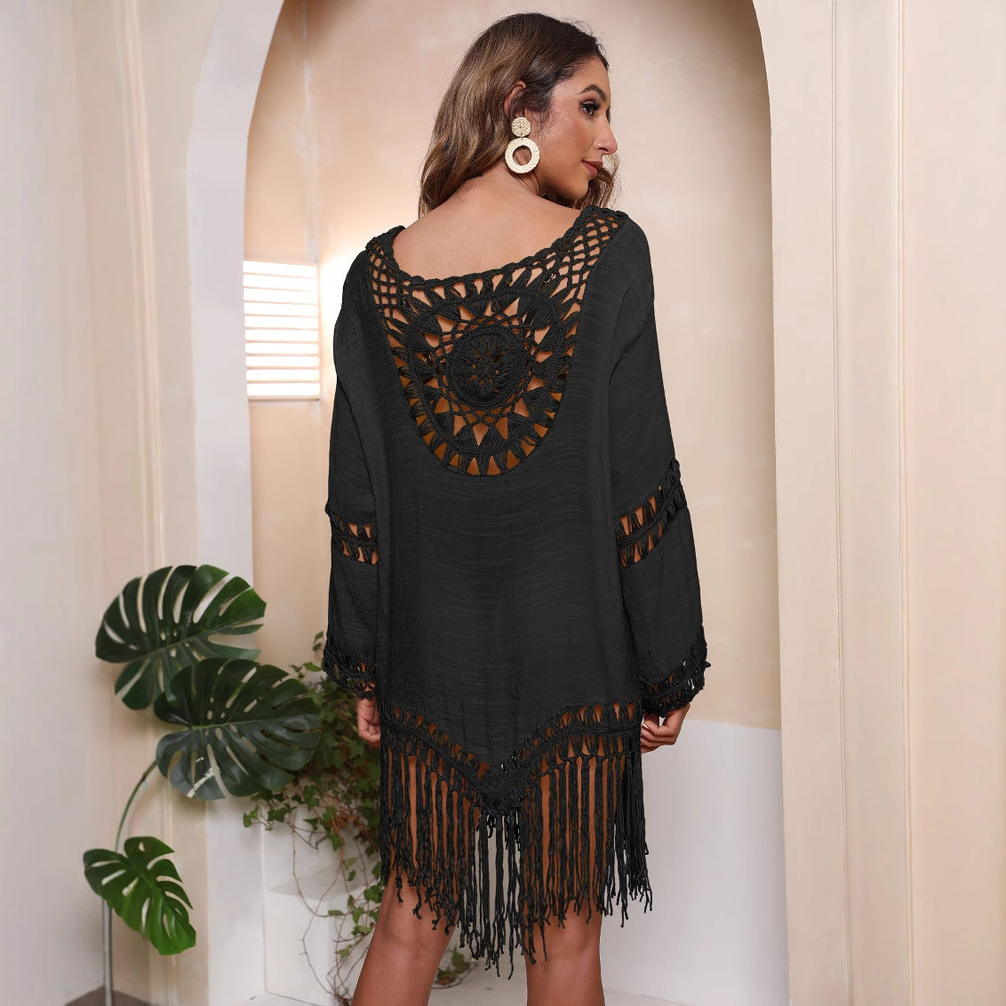 Damen Häkel-Strandkleid mit fransigen Details R&B