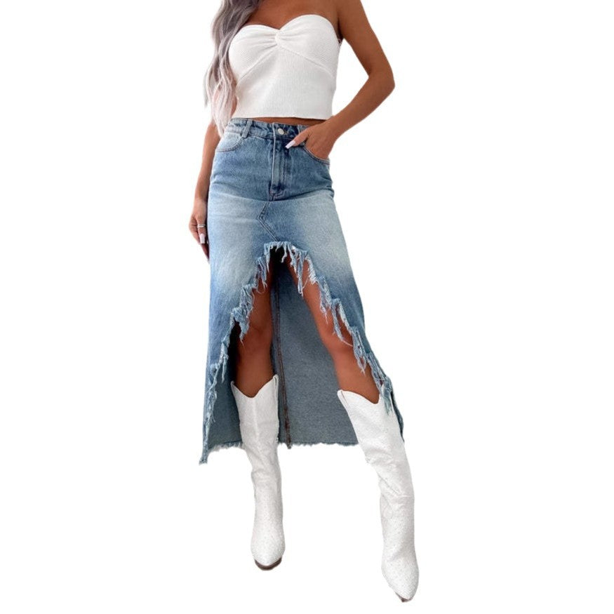 Damen Jeansrock mit fransigem Saum und hohem Schlitz R&B