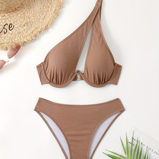 Damen Bikini-Set mit asymmetrischem Trägerdesign und unterstützendem Push-Up-Oberteil R&B