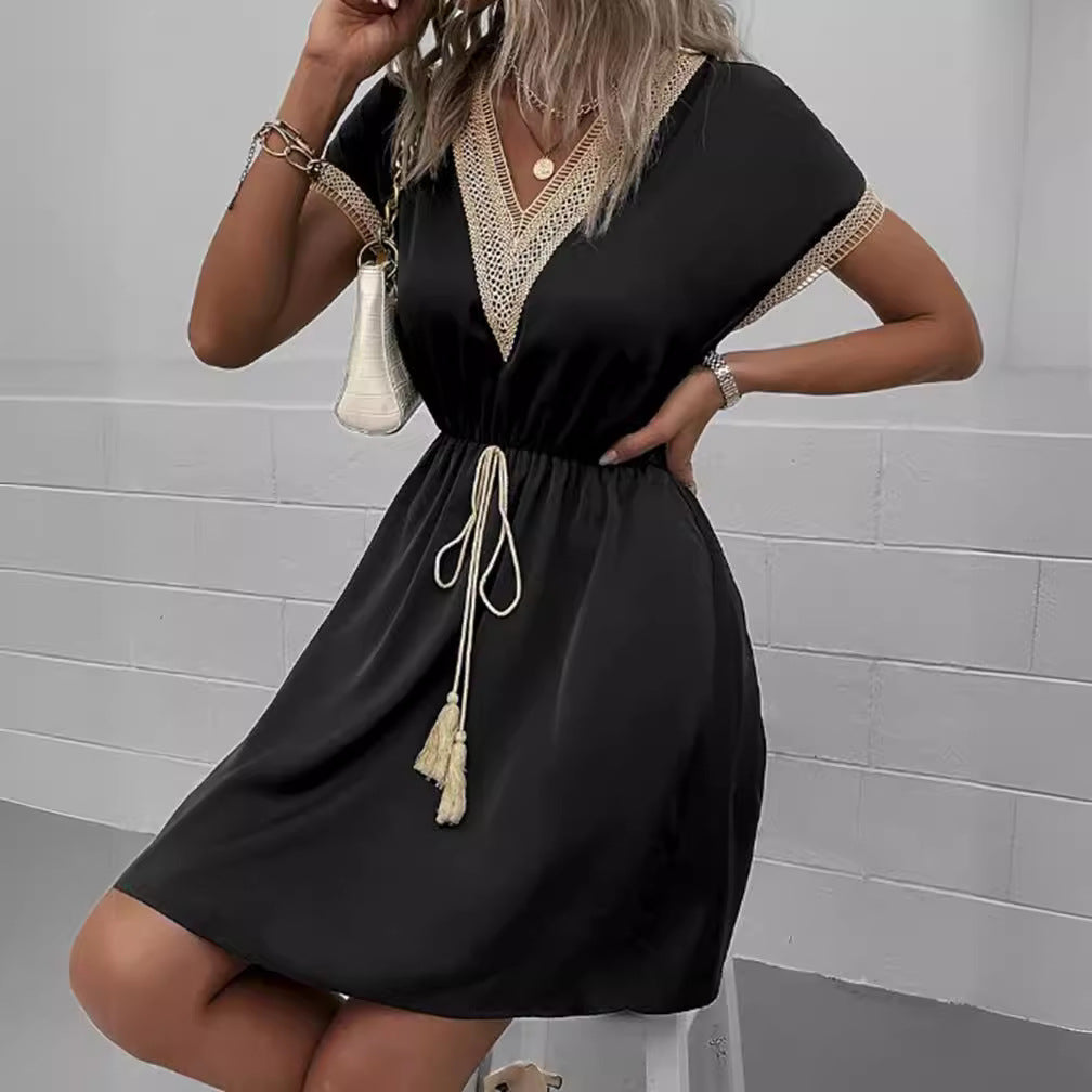 Damen Freizeitkleid mit dekorativem V-Ausschnitt und Taillenbindung R&B