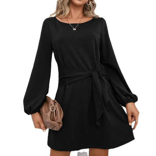 Damen elegantes Wickelkleid mit langem Arm und Taillengürtel R&B