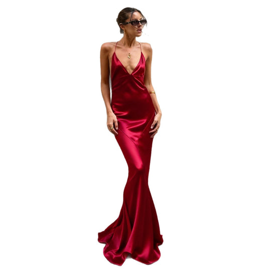 Damen Maxi-Kleid mit tiefem V-Ausschnitt und fließendem Saum R&B