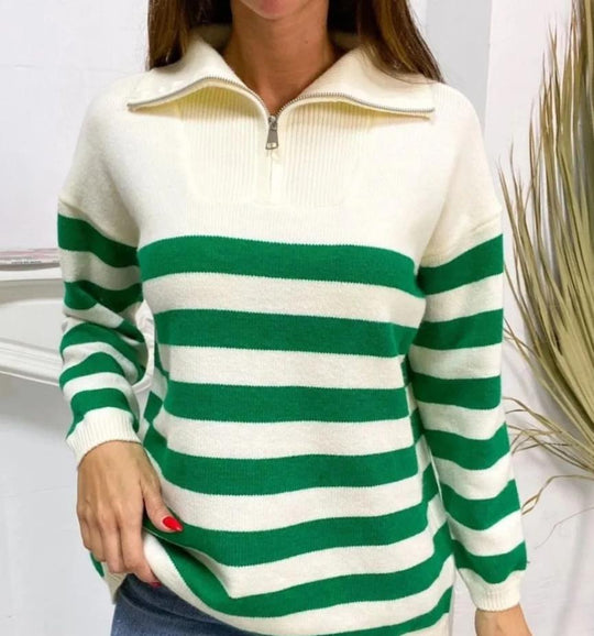 Damen gemusterter Pullover mit Stehkragen und Reißverschluss R&B