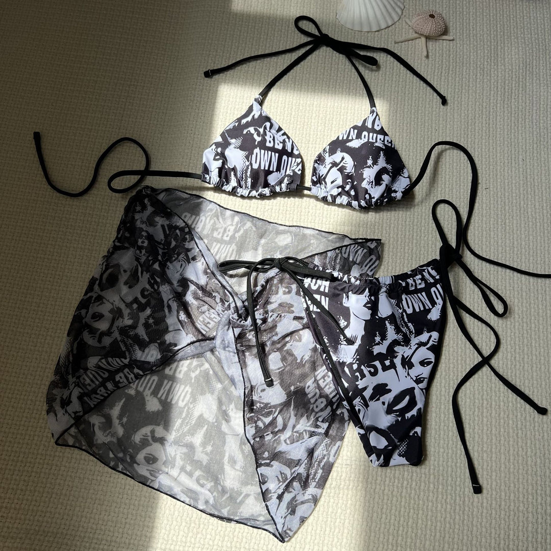 Damen Bikini-Set mit transparentem Rock und trendigem Grafikdruck R&B