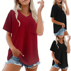 Damen V-Ausschnitt Oversized T-Shirt mit Brusttasche und Rippstruktur R&B