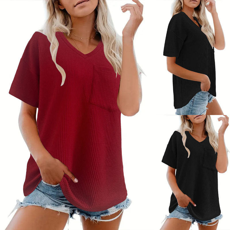 Damen V-Ausschnitt Oversized T-Shirt mit Brusttasche und Rippstruktur R&B